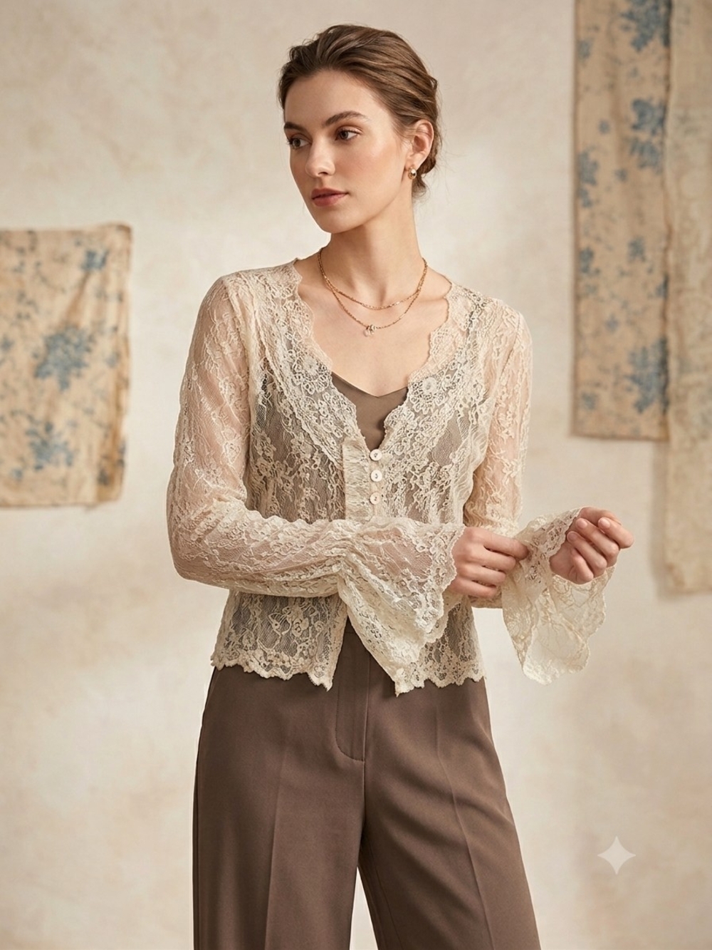 Delicate Cream Lace Button-Front Blouse